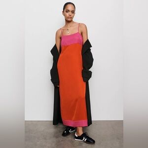 Anthropologie Colorblock Satin Slip Maxi Dress – Pink & Red – Size M